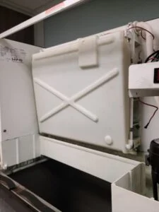 Manitowoc ice machine not working. Cleaned and found leaking supply valve, broken water tube guide, cracked water curtain, dirty water filters and bad ice thick