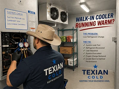 Commercial walk-in cooler condensing unit being serviced for low refrigerant in Robinson, TX