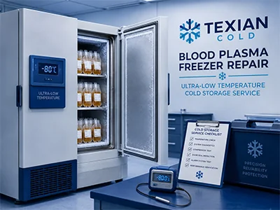 Technician servicing an ultra-low temperature blood plasma freezer at a Waco, TX medical facility