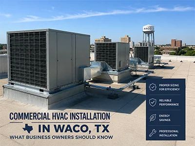 Technician setting a rooftop commercial HVAC unit during an installation at a Waco, TX business