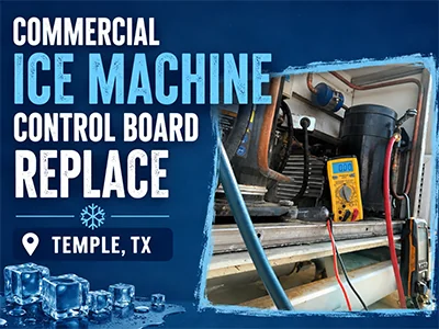 Multimeter and refrigeration gauges connected to a commercial ice machine compressor during a control board diagnosis in Temple, TX