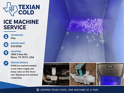 Fresh load of ice in a commercial ice machine bin after water supply and dump valve replacement at a Waco, TX location