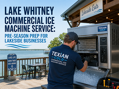 Commercial ice machine cleaning and pre-season service at a Lake Whitney, TX marina