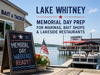 Technician inspecting a commercial ice machine at a Lake Whitney, TX marina before Memorial Day weekend