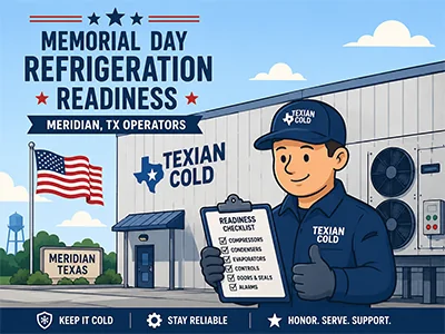Commercial refrigeration technician inspecting a walk-in cooler before Memorial Day weekend in Meridian, TX