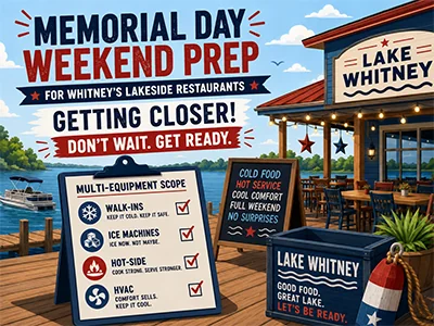 Commercial walk-in cooler and ice machine inspection at a lakeside restaurant in Whitney, TX before Memorial Day weekend