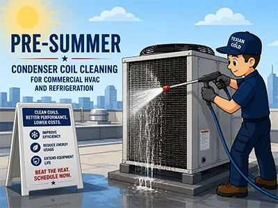 Technician cleaning a commercial HVAC condenser coil at a Hillsboro, TX restaurant before summer