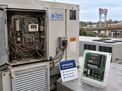 Technician replacing the electronic control board on a commercial refrigeration unit in Waco, TX