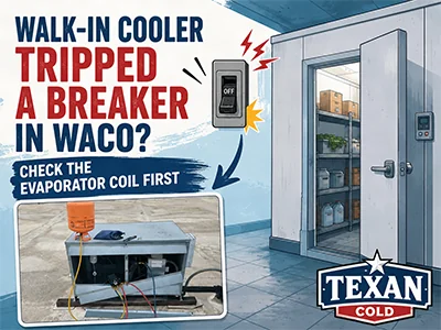 Refrigeration technician charging a commercial rooftop condensing unit serving a walk-in cooler in Waco, TX