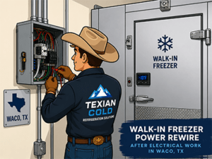 Texian Cold technician rewiring walk-in freezer power connections at a Waco, TX commercial facility
