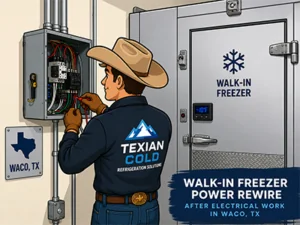 Texian Cold technician rewiring walk-in freezer power connections at a Waco, TX commercial facility