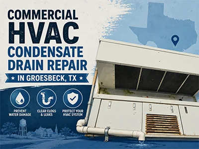 Commercial HVAC air handler with open service panel on a mobile medical unit in Groesbeck, TX
