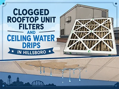Dirty pleated rooftop HVAC air filter pulled for replacement during a commercial service call in Hillsboro, TX