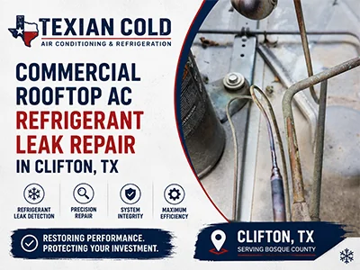 Technician repairing a refrigerant leak on a commercial rooftop HVAC unit at a Clifton, TX restaurant