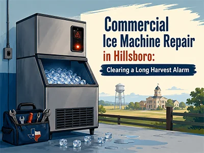Technician servicing a scale-clogged commercial ice machine at a Hillsboro, TX business