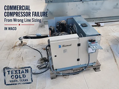 Open commercial refrigeration condensing unit with the compressor exposed during a warranty changeout in Waco, TX