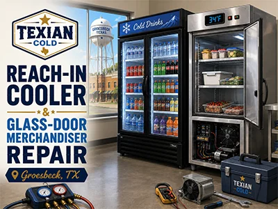 Technician servicing a glass-door beverage merchandiser at a Groesbeck, TX convenience store