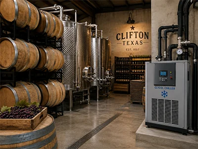 Technician servicing a glycol chiller system at a Clifton, TX winery tasting room
