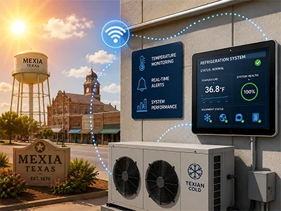 Wireless sensor monitoring a commercial walk-in cooler at a Mexia, TX business in summer
