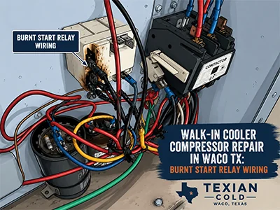 Burnt start relay wiring on a commercial walk-in cooler condenser at a Waco, TX facility