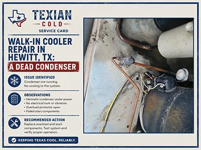 Technician repairing shorted compressor wiring on a commercial walk-in cooler condenser at a Hewitt, TX convenience store