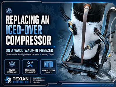 Iced-over commercial walk-in freezer compressor being replaced on a condensing unit at a Waco, TX facility