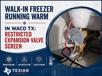 Frost-covered thermostatic expansion valve on a commercial walk-in freezer at a Waco, TX facility