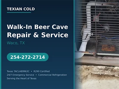 Frozen evaporator and condensing unit on a walk-in beer cave at a Waco, TX convenience store