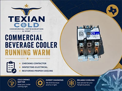 Replacement contactor installed in a commercial beverage cooler condensing unit at a Temple, TX food store