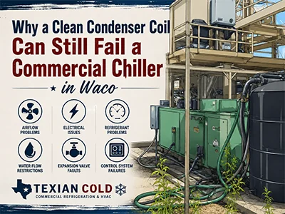 Technician diagnosing a restricted condenser coil on a commercial process chiller in Waco, TX