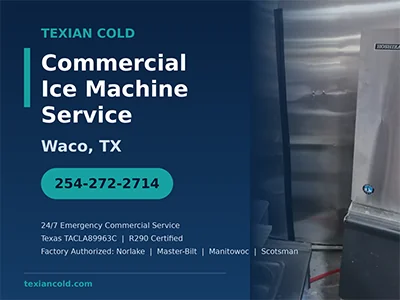 Commercial Hoshizaki ice machine displaced by vehicle impact inside a Waco, TX commercial kitchen