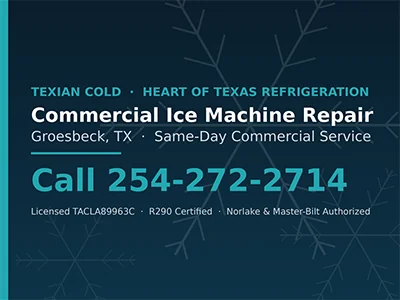 Exposed refrigeration deck on a commercial ice vending kiosk during repair in Groesbeck, TX