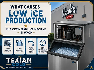 Technician servicing a commercial ice machine at a Waco, TX restaurant to restore ice production