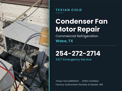 Rooftop commercial refrigeration condensing unit with a failed condenser fan motor at a Waco, TX restaurant