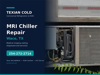 Open condenser compartment of a mobile medical imaging chiller during service in Waco, TX