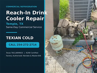 Outdoor condensing unit for a commercial reach-in drink cooler being serviced at a Temple, TX convenience store