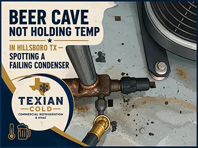 Refrigeration technician inspecting a walk-in beer cave condenser at a Hillsboro, TX convenience store