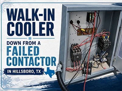 Replaced contactor in a commercial walk-in cooler condenser panel at a Hillsboro, TX restaurant