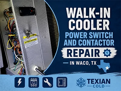 Wiring and a burnt on-off power switch inside a commercial walk-in cooler power pack during electrical repair in Waco, TX