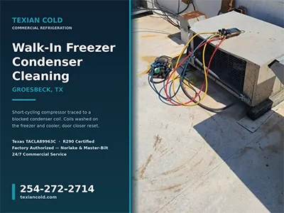Rooftop condensing unit for a commercial walk-in freezer under gauge test in Groesbeck, TX