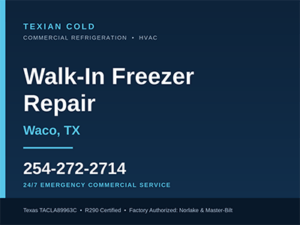 Commercial walk-in freezer condensing unit inspected during a high head pressure diagnostic in Waco, TX