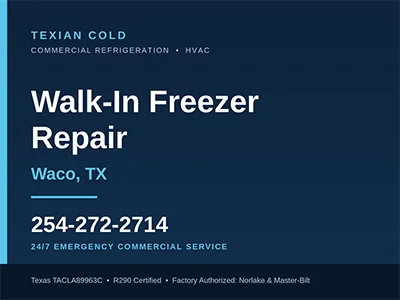 Commercial walk-in freezer condensing unit inspected during a high head pressure diagnostic in Waco, TX