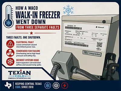 Tecumseh condensing unit nameplate on a commercial walk-in freezer serviced in Waco, TX