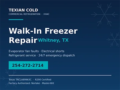 Commercial walk-in freezer evaporator fan assembly serviced at a Whitney, TX facility