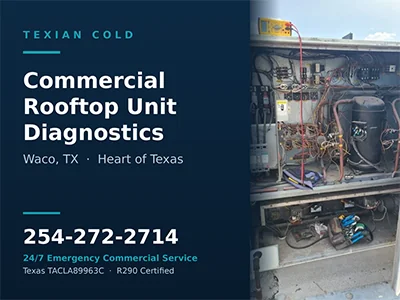 Open control panel on a commercial rooftop HVAC unit during a diagnostic inspection in Waco, TX