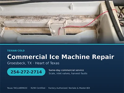 Scaled evaporator and water distribution tube inside a commercial ice machine serviced near Groesbeck, TX